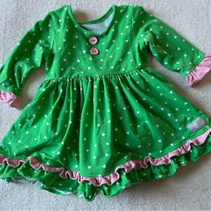 Eleanor Rose twirl dress, green with pink polka dots. 18 months